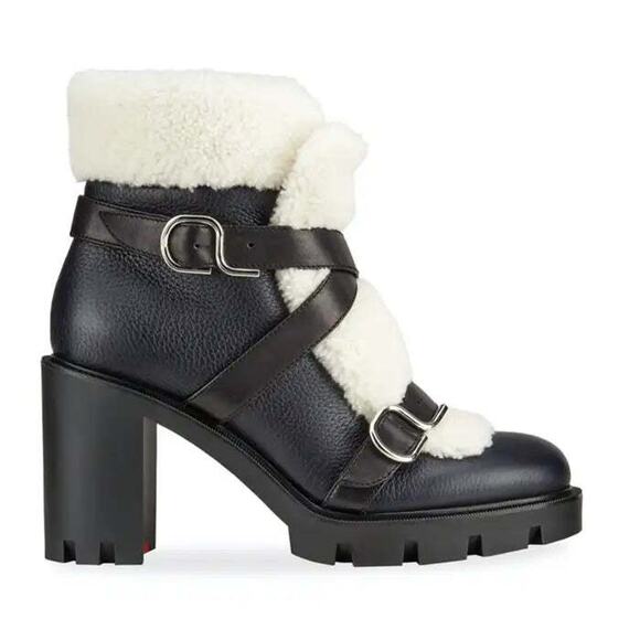 Christian Louboutin Pole Chic 70 Black Leather Shearling Heel Combat Boot 41 - Picture 5 of 9